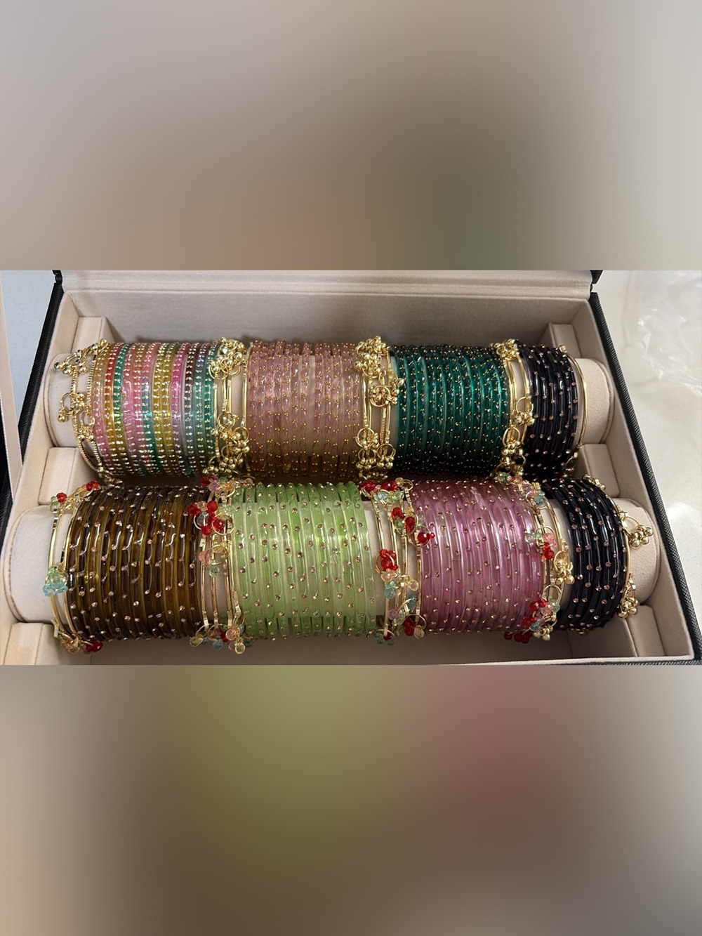 Handcrafted Pastel Glass Bangle Set with Gold Accents - Pink, Green, Teal